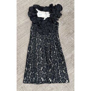 SOHO SHIFT DRESS 2 XS SLEEVELESS BLACK NUDE LACE FLORAL RUFFLED NECKLINE NEW NWT